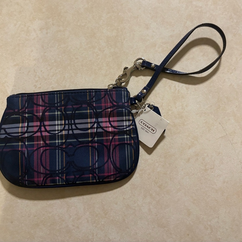Coach Plaid Wristlet in Navy and Pink